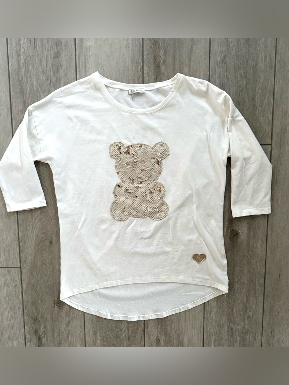 Women’s White 3/4 Length Sleeve Top Sequin Teddy Graphic One Size